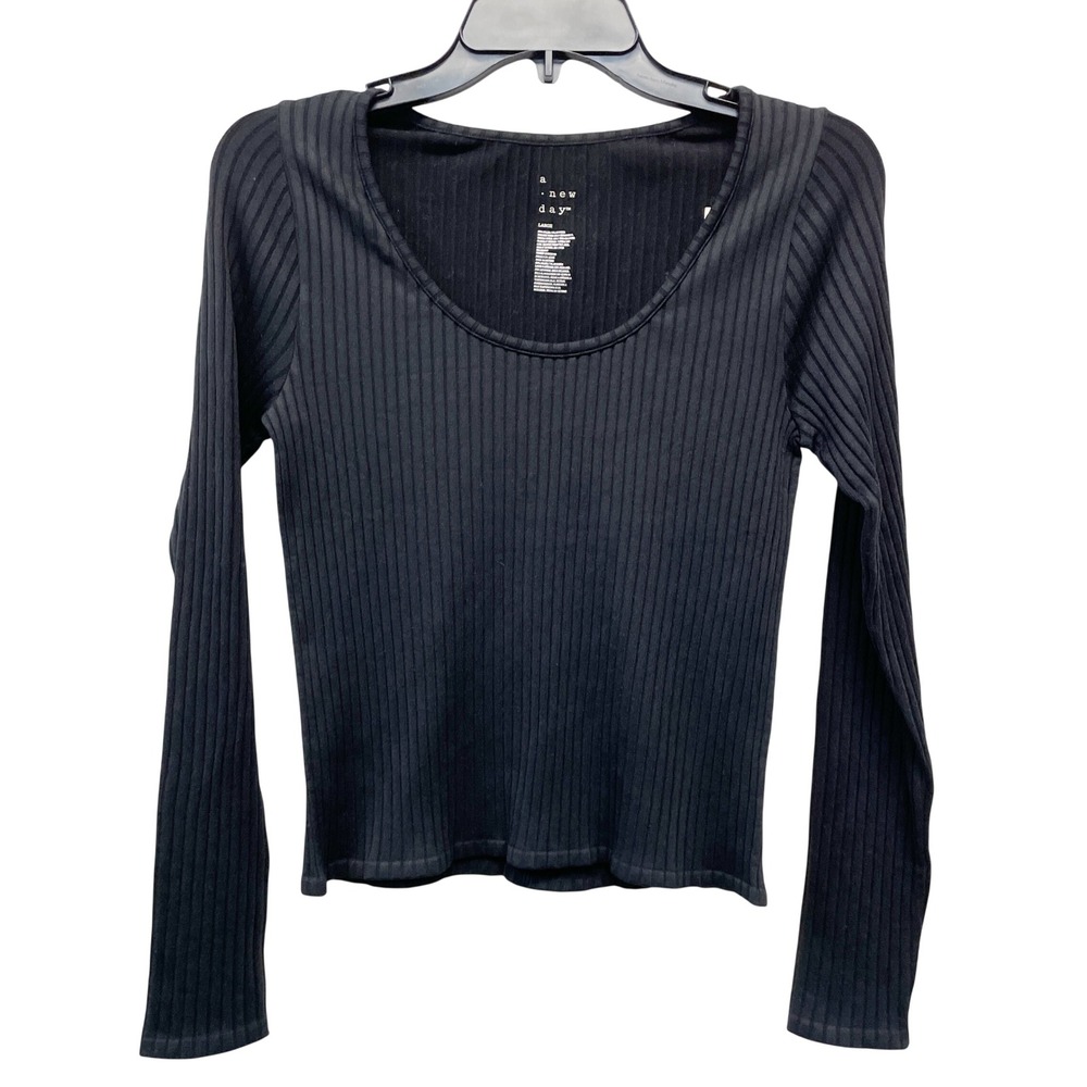A New Day Women's Black Ribbed Scoop Neck Slim Fit Long Sleeve‎ Top Size Large